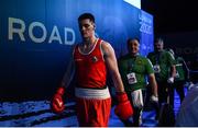 15 March 2020; George Bates of Ireland, accompanied by coach Zaur Antia, makes his way to the ring for his Men's Lightweight 63KG Preliminary round fight with León Carlos Domínguez Becerra of Spain on Day Two of the Road to Tokyo European Boxing Olympic Qualifying Event at Copper Box Arena in Queen Elizabeth Olympic Park, London, England. Photo by Harry Murphy/Sportsfile
