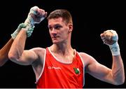 15 March 2020; George Bates of Ireland celebrates after defeating León Carlos Domínguez Becerra of Spain in their Men's Lightweight 63KG Preliminary round fight on Day Two of the Road to Tokyo European Boxing Olympic Qualifying Event at Copper Box Arena in Queen Elizabeth Olympic Park, London, England. Photo by Harry Murphy/Sportsfile
