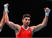 15 March 2020; Simone Fiori of Italy celebrates after defeating Krenar Aliu of Finland in their Men's Light Heavyweight 81KG Preliminary round fight on Day Two of the Road to Tokyo European Boxing Olympic Qualifying Event at Copper Box Arena in Queen Elizabeth Olympic Park, London, England. Photo by Harry Murphy/Sportsfile