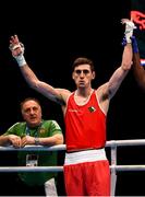 16 March 2020; Aidan Walsh of Ireland is declared victorious after defeating Pavel Kamanin of Estonia following their Men's Welterweight 69KG Preliminary round bout on Day Three of the Road to Tokyo European Boxing Olympic Qualifying Event at Copper Box Arena in Queen Elizabeth Olympic Park, London, England. Photo by Harry Murphy/Sportsfile