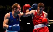16 March 2020; Gleb Bakshi of Russia, right, and Andrei Vreme of Moldova during their Men's Middleweight 75KG Preliminary round bout on Day Three of the Road to Tokyo European Boxing Olympic Qualifying Event at Copper Box Arena in Queen Elizabeth Olympic Park, London, England. Photo by Harry Murphy/Sportsfile