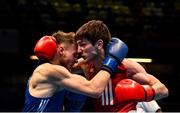 16 March 2020; Eskerkhan Madiev of Georgia, left, and Paul Andreas Wall of Germany during their Men's Welterweight 69KG Preliminary round bout on Day Three of the Road to Tokyo European Boxing Olympic Qualifying Event at Copper Box Arena in Queen Elizabeth Olympic Park, London, England. Photo by Harry Murphy/Sportsfile