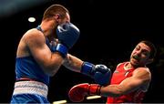 16 March 2020; Salvatore Cavallaro of Italy, left, and Arman Darchinyan of Armenia during their Men's Middleweight 75KG Preliminary round bout on Day Three of the Road to Tokyo European Boxing Olympic Qualifying Event at Copper Box Arena in Queen Elizabeth Olympic Park, London, England. Photo by Harry Murphy/Sportsfile