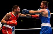 16 March 2020; Salvatore Cavallaro of Italy, right, and Arman Darchinyan of Armenia during their Men's Middleweight 75KG Preliminary round bout on Day Three of the Road to Tokyo European Boxing Olympic Qualifying Event at Copper Box Arena in Queen Elizabeth Olympic Park, London, England. Photo by Harry Murphy/Sportsfile