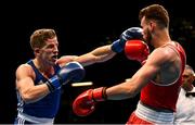 16 March 2020; Michael Nevin of Ireland, right, and Max Van Der Pas of Netherlands during their Men's Middleweight 75KG Preliminary round bout on Day Three of the Road to Tokyo European Boxing Olympic Qualifying Event at Copper Box Arena in Queen Elizabeth Olympic Park, London, England. Photo by Harry Murphy/Sportsfile