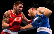 16 March 2020; Salvatore Cavallaro of Italy, right, and Arman Darchinyan of Armenia during their Men's Middleweight 75KG Preliminary round bout on Day Three of the Road to Tokyo European Boxing Olympic Qualifying Event at Copper Box Arena in Queen Elizabeth Olympic Park, London, England. Photo by Harry Murphy/Sportsfile