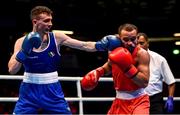 16 March 2020; Brendan Irvine of Ireland, left, and Istvan Szaka of Hungary during their Men's Flyweight 52KG Preliminary round bout on Day Three of the Road to Tokyo European Boxing Olympic Qualifying Event at Copper Box Arena in Queen Elizabeth Olympic Park, London, England. Photo by Harry Murphy/Sportsfile