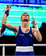 16 March 2020; Brendan Irvine of Ireland is declared victorious in his Men's Flyweight 52KG Preliminary round bout over Istvan Szaka of Hungary on Day Three of the Road to Tokyo European Boxing Olympic Qualifying Event at Copper Box Arena in Queen Elizabeth Olympic Park, London, England. Photo by Harry Murphy/Sportsfile