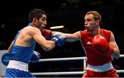 16 March 2020; Mykola Butsenko of Ukraine, right, and Artur Bazeyan of Armenia during their Men's Featherweight 57KG Preliminary round bout on Day Three of the Road to Tokyo European Boxing Olympic Qualifying Event at Copper Box Arena in Queen Elizabeth Olympic Park, London, England. Photo by Harry Murphy/Sportsfile