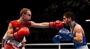 16 March 2020; Mykola Butsenko of Ukraine, left, and Artur Bazeyan of Armenia during their Men's Featherweight 57KG Preliminary round bout on Day Three of the Road to Tokyo European Boxing Olympic Qualifying Event at Copper Box Arena in Queen Elizabeth Olympic Park, London, England. Photo by Harry Murphy/Sportsfile
