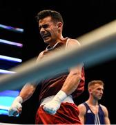 16 March 2020; Jose Quiles Brotons of Spain celebrates after qualifying for the Tokyo Olympics after defeating Krenar Zeneli of Albania following the Men's Featherweight 57KG Preliminary round bout on Day Three of the Road to Tokyo European Boxing Olympic Qualifying Event at Copper Box Arena in Queen Elizabeth Olympic Park, London, England. Photo by Harry Murphy/Sportsfile