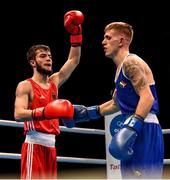 16 March 2020; Kurt Walker of Ireland, right, and Hamsat Shadalov of Germany touch gloves following their Men's Welterweight 57KG Preliminary round bout on Day Three of the Road to Tokyo European Boxing Olympic Qualifying Event at Copper Box Arena in Queen Elizabeth Olympic Park, London, England. Photo by Harry Murphy/Sportsfile