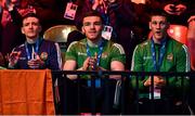 16 March 2020; Irish boxers, from left, Brendan Irvine, Emmet Brennan, and George Bates cheer on Kurt Walker of Ireland ahead of his Men's Welterweight 57KG Preliminary round bout against Hamsat Shadalov of Germany on Day Three of the Road to Tokyo European Boxing Olympic Qualifying Event at Copper Box Arena in Queen Elizabeth Olympic Park, London, England. Photo by Harry Murphy/Sportsfile