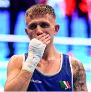 16 March 2020; Kurt Walker of Ireland reacts following his defeat to Hamsat Shadalov of Germany following their Men's Welterweight 57KG Preliminary round bout on Day Three of the Road to Tokyo European Boxing Olympic Qualifying Event at Copper Box Arena in Queen Elizabeth Olympic Park, London, England. Photo by Harry Murphy/Sportsfile