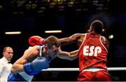 16 March 2020; Youba Sissokho Ndiaye of Spain, right, and Andrei Zamkovoi of Russia during their Men's Welterweight 69KG Preliminary round bout on Day Three of the Road to Tokyo European Boxing Olympic Qualifying Event at Copper Box Arena in Queen Elizabeth Olympic Park, London, England. Photo by Harry Murphy/Sportsfile