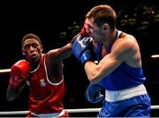 16 March 2020; Youba Sissokho Ndiaye of Spain, left, and Andrei Zamkovoi of Russia during their Men's Welterweight 69KG Preliminary round bout on Day Three of the Road to Tokyo European Boxing Olympic Qualifying Event at Copper Box Arena in Queen Elizabeth Olympic Park, London, England. Photo by Harry Murphy/Sportsfile