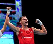 16 March 2020; Lewis Richardson of Great Britain is declared victorious after defeating Victor Yoka of France following their Men's Middleweight 75KG Preliminary round bout on Day Three of the Road to Tokyo European Boxing Olympic Qualifying Event at Copper Box Arena in Queen Elizabeth Olympic Park, London, England. Photo by Harry Murphy/Sportsfile