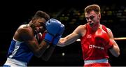 16 March 2020; Lewis Richardson of Great Britain, right, and Victor Yoka of France during their Men's Middleweight 75KG Preliminary round bout on Day Three of the Road to Tokyo European Boxing Olympic Qualifying Event at Copper Box Arena in Queen Elizabeth Olympic Park, London, England. Photo by Harry Murphy/Sportsfile