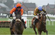 17 March 2020; Wingin a Prayer, with Robbie Power up, left, leads Double Jemmy, with David Mullins up, who finished second, on their way to winning the Blugrass Maiden hurdle at Down Royal in Lisburn, Co Down. Photo by Oliver McVeigh/Sportsfile