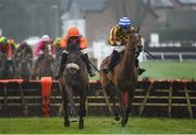 17 March 2020; Wingin a Prayer, with Robbie Power up, left, leads Double Jemmy, with David Mullins up, who finished second, on their way to winning the Blugrass Maiden hurdle at Down Royal in Lisburn, Co Down. Photo by Oliver McVeigh/Sportsfile