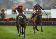 17 March 2020; Wingin a Prayer, with Robbie Power up, left, leads Double Jemmy, with David Mullins up, who finished second, on their way to winning the Blugrass Maiden hurdle at Down Royal in Lisburn, Co Down. Photo by Oliver McVeigh/Sportsfile