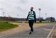 18 March 2020; Glenavon footballer Conan Byrne, formerly of UCD, Sporting Fingal, Shelbourne and St Patrick's Athletic, is pictured outside Tallaght Stadium during his marathon walk in aid of the Irish Cancer Society which took in every SSE Airtricity League of Ireland stadium in the Dublin region and which started off in Tolka Park and finished at the Aviva Stadium. Photo by Sam Barnes/Sportsfile