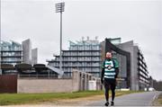 18 March 2020; Glenavon footballer Conan Byrne, formerly of UCD, Sporting Fingal, Shelbourne and St Patrick's Athletic, is pictured outside Tallaght Stadium during his marathon walk in aid of the Irish Cancer Society which took in every SSE Airtricity League of Ireland stadium in the Dublin region and which started off in Tolka Park and finished at the Aviva Stadium. Photo by Sam Barnes/Sportsfile
