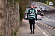 18 March 2020; Glenavon footballer Conan Byrne, formerly of UCD, Sporting Fingal, Shelbourne and St Patrick's Athletic, passes through Dundrum during his marathon walk in aid of the Irish Cancer Society which took in every SSE Airtricity League of Ireland stadium in the Dublin region and which started off in Tolka Park and finished at the Aviva Stadium. Photo by Sam Barnes/Sportsfile