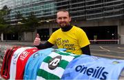 18 March 2020; Glenavon footballer Conan Byrne, formerly of UCD, Sporting Fingal, Shelbourne and St Patrick's Athletic, pictured outside the Aviva Stadium during his marathon walk in aid of the Irish Cancer Society which took in every SSE Airtricity League of Ireland stadium in the Dublin region and which started off in Tolka Park and finished at the Aviva Stadium. Photo by Sam Barnes/Sportsfile