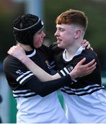 10 March 2020; Hugh Hamilton, left, and John Sheedy of Newbridge College celebrate following the Bank of Ireland Leinster Schools Junior Cup Semi-Final match between Terenure College and Newbridge College at Energia Park in Donnybrook, Dublin. Photo by Ramsey Cardy/Sportsfile