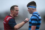 9 March 2020; Referee Berney White and Conor Boyle of St Vincent’s, Castleknock College, during the Bank of Ireland Leinster Schools Junior Cup Semi-Final match between Blackrock College and St Vincent’s, Castleknock College at Energia Park in Donnybrook, Dublin. Photo by Ramsey Cardy/Sportsfile