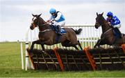 21 March 2020; Politesse, left, with Conor Orr up, jumps the last on their way to winning The Adare Manor Opportunity Maiden Hurdle ahead of eventual second place Fakiera, with Sean O'Keeffe up, at Thurles Racecourse in Tipperary. Photo by Matt Browne/Sportsfile