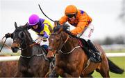 21 March 2020; My Newbrook Rose, with Jonathan Moore up, on their way to winning The BetVictor Handicap Hurdle from eventual second place Fourina, with Ricky Doyle up, after jumping the last at Thurles Racecourse in Tipperary. Photo by Matt Browne/Sportsfile