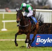 21 March 2020; Zero Ten, with David Mullins up, on their way to winning the Pierce Molony Memorial Novice Steeplechase after jumping the last at Thurles Racecourse in Tipperary. Photo by Matt Browne/Sportsfile