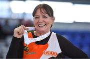 8 March 2020; Margaret Higgins of Corofin AC, Galway, with her medals for the M65 high jump and 100m events during the Irish Life Health National Masters Indoors Athletics Championships at Athlone IT in Athlone, Westmeath. Photo by Piaras Ó Mídheach/Sportsfile