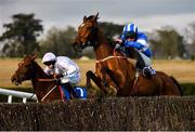 24 March 2020; Ask Heather, right, with Simon Torrens up, jumps the last alongside eventual second place Robin Duez Pois, with Sean O'Keeffe up, on their way to winning the Adare Manor Opportunity Handicap Steeplechase at Clonmel Racecourse in Clonmel, Tipperary. Photo by Seb Daly/Sportsfile