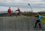 25 March 2020; 2019 Male 9-10 BMX Ireland Champion Malachy O’Reilly, age 10, from Finglas, Dublin, left, and 2019 BMX World Challenge U8 Boys Finalist, UK and Leinster No1 and All-Ireland 2019 Champion Evan ‘The Bullet’ Bartley, age 9, from Clonee, Co Dublin, pose for a portrait, as Jamie Bartley, age 15, from Clonee, assists the lighting, during a Lucan BMX Club feature, at Lucan BMX track, Dublin. Photo by Seb Daly/Sportsfile