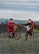 25 March 2020; 2019 Male 9-10 BMX Ireland Champion Malachy O’Reilly, age 10, from Finglas, Dublin, left, and 2019 BMX World Challenge U8 Boys Finalist, UK and Leinster No1 and All-Ireland 2019 Champion Evan ‘The Bullet’ Bartley, age 9, from Clonee, Co Dublin, pose for a portrait during a Lucan BMX Club feature, at Lucan BMX track, Dublin. Photo by Seb Daly/Sportsfile