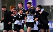 26 February 2020; Michael Collins of Newbridge College, centre, celebrates scoring the winning penalty with team-mates after the Bank of Ireland Leinster Schools Junior Cup Second Round match between St Michael’s College and Newbridge College at Energia Park in Dublin. Photo by Piaras Ó Mídheach/Sportsfile