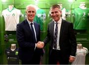 30 November 2018; To celebrate Dublin’s hosting of the UEFA EURO 2020 Qualifying Draw on 2nd December 2018, Irish Football Legends Ronnie Whelan, Ray Houghton, Kevin Sheedy, Tony Galvin, Liam O’Brien, Tony Cascarino and John Anderson teamed up with Dublin City Council and the Football Association of Ireland to launch the National Football Exhibition giving people the chance to experience some of the excitement. Open to the public on Sunday, December 2nd, at the Printworks, Dublin Castle, until the 9th December, the Exhibition celebrates 60 years of UEFA European Championship and Irish football. Six separate zones, packed with memorabilia and interactive features will give attendees an overview of the history of football in Ireland and its impact on communities around the country. Throughout 2019 and 2020, the National Football Exhibition will tour around various locations* nationwide. The National Football Exhibition App is available to download now from the App Store and Google Play Store. The draw for the UEFA EURO 2020 qualifying groups this Sunday, 2nd December, will be attended by delegates from all 55 UEFA member nations and over 350 international media representatives with an estimated TV audience worldwide of 140 million. 4 tournament games will be hosted at Dublin’s Aviva Stadium during UEFA EURO 2020, the largest sporting event to ever be hosted in the country. Pictured is Republic of Ireland manager Mick McCarthy, left, and Republic of Ireland U21 manager Stephen Kenny at the Printworks, Dublin Castle, Dublin. Photo by Stephen McCarthy/Sportsfile