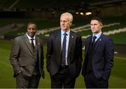 25 November 2018; Newly appointed Republic of Ireland manager Mick McCarthy, centre, with assistant coaches Terry Connor, left, and Robbie Keane following a press conference at the Aviva Stadium in Dublin. Photo by Stephen McCarthy/Sportsfile