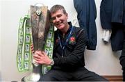 24 October 2014; Dundalk manager Stephen Kenny with the league trophy after the game. SSE Airtricity League Premier Division, Dundalk v Cork City, Oriel Park, Dundalk, Co. Louth. Picture credit: David Maher / SPORTSFILE