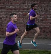 10 April 2020; Former Dundalk, Drogheda United, Bray Wanderers and current St Mochta's player Mick Daly, during his 8pm run, with the aid of Former Dublin footballer Bernard Brogan, right, aims to raise much-needed funds for Cystic Fibrosis Ireland. So as to reflect 65 Roses, Mick Daly along with others are taking part in a challenge - 6k run every 5 hours over the day. The 6k route in Riverwood / Carpenterstown area was first run on Friday at 12am then 5am, 10am, 3pm and final one at 8pm. Photo by Stephen McCarthy/Sportsfile
