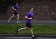 10 April 2020; Former Dundalk, Drogheda United, Bray Wanderers and current St Mochta's player Mick Daly, during his 8pm run, with the aid of Former Dublin footballer Bernard Brogan, left, aims to raise much-needed funds for Cystic Fibrosis Ireland. So as to reflect 65 Roses, Mick Daly along with others are taking part in a challenge - 6k run every 5 hours over the day. The 6k route in Riverwood / Carpenterstown area was first run on Friday at 12am then 5am, 10am, 3pm and final one at 8pm. Photo by Stephen McCarthy/Sportsfile