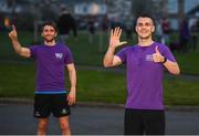 10 April 2020; Former Dundalk, Drogheda United, Bray Wanderers and current St Mochta's player Mick Daly, following his 8pm run, with the aid of Former Dublin footballer Bernard Brogan, left, aims to raise much-needed funds for Cystic Fibrosis Ireland. So as to reflect 65 Roses, Mick Daly along with others are taking part in a challenge - 6k run every 5 hours over the day. The 6k route in Riverwood / Carpenterstown area was first run on Friday at 12am then 5am, 10am, 3pm and final one at 8pm. Photo by Stephen McCarthy/Sportsfile