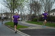 10 April 2020; Former Dundalk, Drogheda United, Bray Wanderers and current St Mochta's player Mick Daly, during his 8pm run, with the aid of Former Dublin footballer Bernard Brogan, right, aims to raise much-needed funds for Cystic Fibrosis Ireland. So as to reflect 65 Roses, Mick Daly along with others are taking part in a challenge - 6k run every 5 hours over the day. The 6k route in Riverwood / Carpenterstown area was first run on Friday at 12am then 5am, 10am, 3pm and final one at 8pm. Photo by Stephen McCarthy/Sportsfile