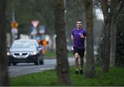 10 April 2020; Former Dundalk, Drogheda United, Bray Wanderers and current St Mochta's player Mick Daly, during his 8pm run, aims to raise much-needed funds for Cystic Fibrosis Ireland. So as to reflect 65 Roses, Mick Daly along with others are taking part in a challenge - 6k run every 5 hours over the day. The 6k route in Riverwood / Carpenterstown area was first run on Friday at 12am then 5am, 10am, 3pm and final one at 8pm. Photo by Stephen McCarthy/Sportsfile