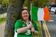 23 April 2020; Some of Ireland’s biggest football fans will get the chance to quiz new Republic of Ireland manager Stephen Kenny and World Cup legend Niall Quinn in an exclusive online show hosted by Down Syndrome and the FAI on Friday afternoon. Here Republic of Ireland supporter Sarah Carroll is pictured near her home in Portobello, Dublin, in advance of the Facebook event. Photo by Ray McManus/Sportsfile