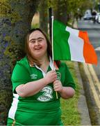 23 April 2020; Some of Ireland’s biggest football fans will get the chance to quiz new Republic of Ireland manager Stephen Kenny and World Cup legend Niall Quinn in an exclusive online show hosted by Down Syndrome and the FAI on Friday afternoon. Here Republic of Ireland supporter Sarah Carroll is pictured near her home in Portobello, Dublin, in advance of the Facebook event. Photo by Ray McManus/Sportsfile