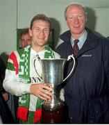 22 May 1993. Cork City captain Declan Daly with the then Rep of Ireland Manager Jack Charlton and the League trophy after their League Championship victory. FAI National League, R.D.S., Dublin. Soccer. Photo by David Maher/Sportsfile